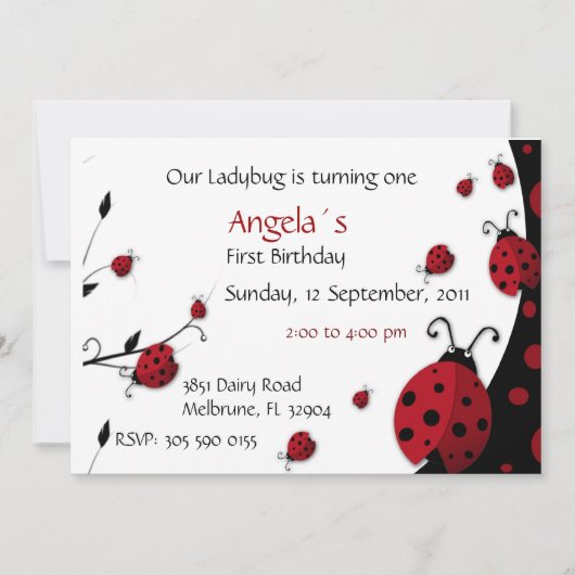 かわいいレディバグの招待状 女の子の誕生日パーティー 招待状 (正面)
