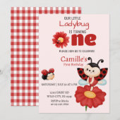 かわいいレディバグの花のモチーフの1歳の誕生日おめでとう招待状 招待状 (正面/裏面)