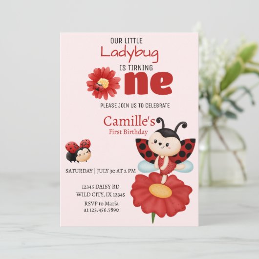 かわいいレディバグの花のモチーフの1歳の誕生日招待状 招待状 (スタンド正面)