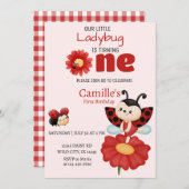 かわいいレディバグの花のモチーフの1歳誕生日招待状 招待状 (正面/裏面)
