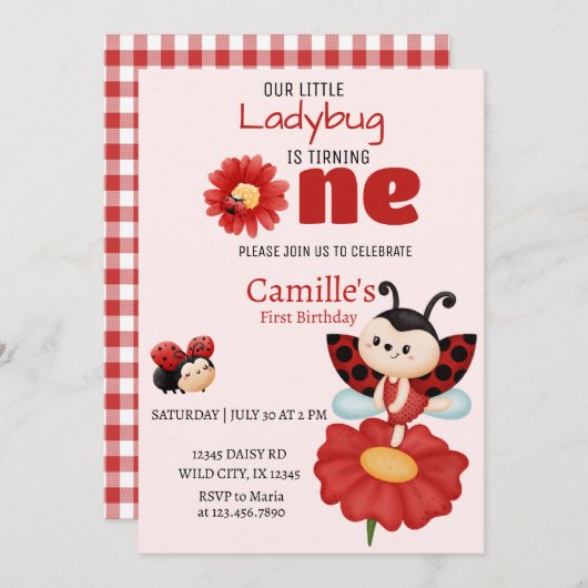 かわいいレディバグの花のモチーフの1歳誕生日招待状 招待状 (正面/裏面)
