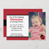 かわいいレディバグの誕生日パーティー、3歳、ドット模様 招待状 (正面/裏面)