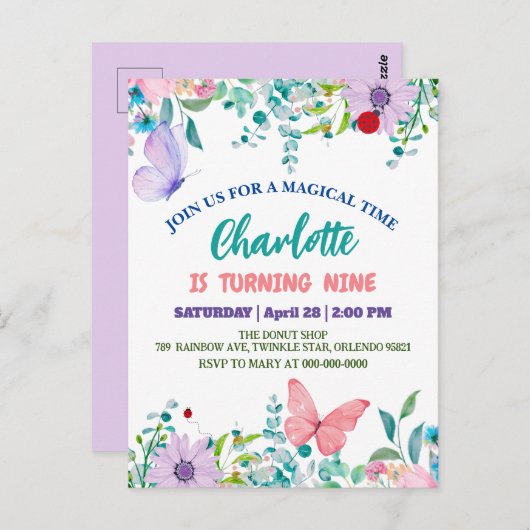 かわいいレディバグ 水玉模様 花 フラワーバースデー ネーム ポストカード (正面/裏面)