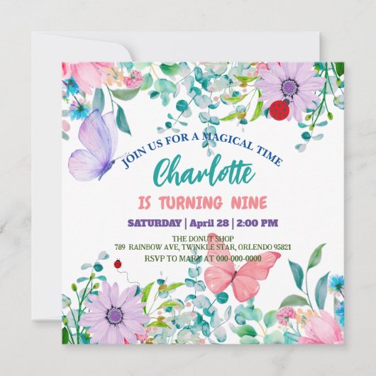 かわいいレディバグ 水玉模様 花 フラワー 誕生日 名前 招待状 (正面)