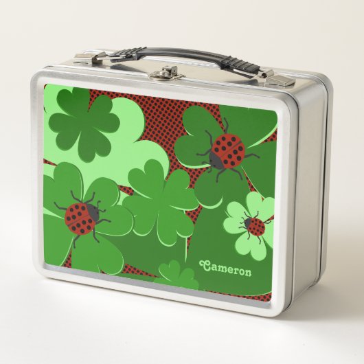 かわいいレディーバグ&クローバー葉ズ赤緑 メタルランチボックス (正面)