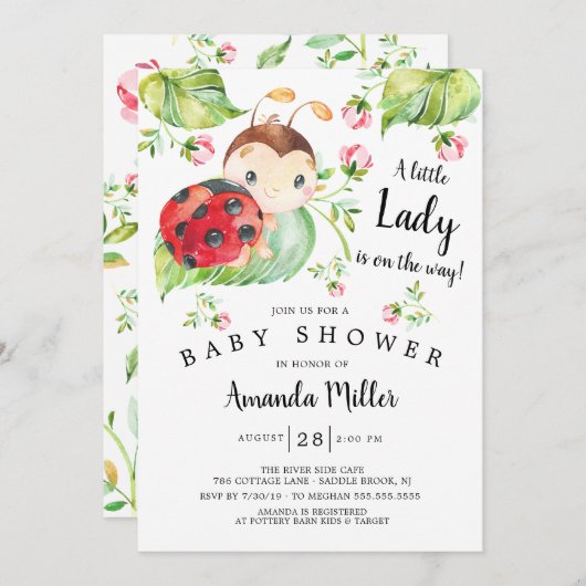 かわいいレディーレディーレディーバグ赤ちゃんシャワー 招待状 (正面/裏面)