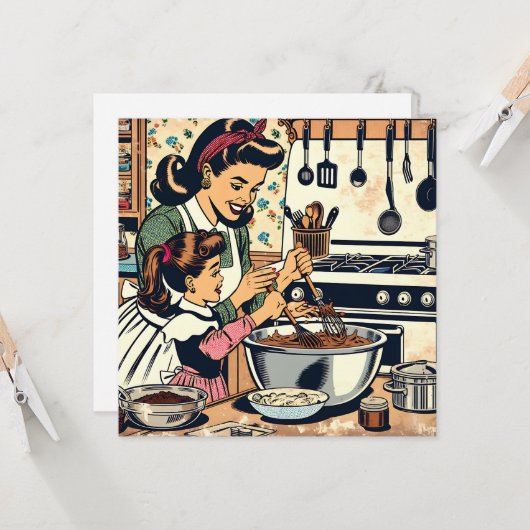 かわいいレトロお母さんと娘のベーキング カード (正面/裏面インサイチュ)