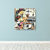 かわいいレトロお母さんと娘のベーキング キャンバスプリント (インサイチュ (ウッドフロア))