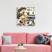 かわいいレトロお母さんと娘のベーキング キャンバスプリント (インサイチュ (リビング))