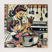 かわいいレトロお母さんと娘のベーキング