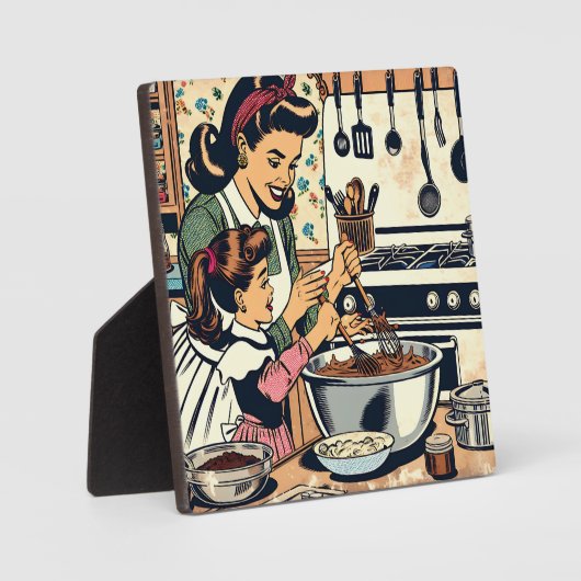 かわいいレトロお母さんと娘のベーキング フォトプラーク (正面)