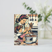 かわいいレトロお母さんと娘のベーキング ポストカード (スタンド正面)