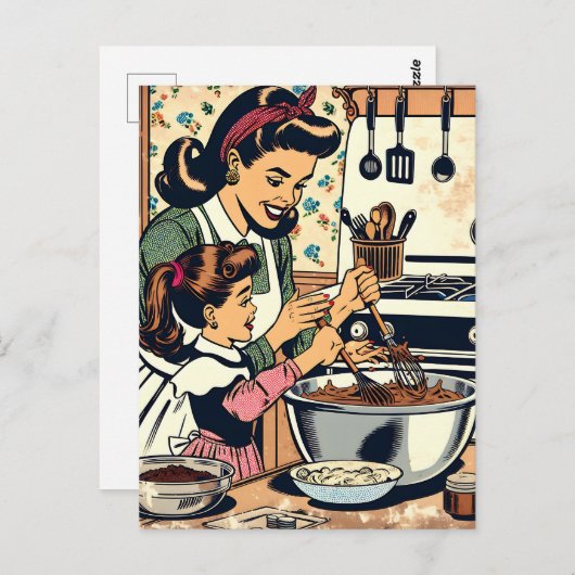 かわいいレトロお母さんと娘のベーキング ポストカード (正面/裏面)