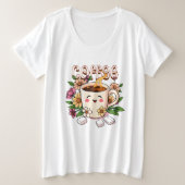 かわいいレトロかわいいコーヒーと花 プラスサイズTシャツ (デザイン正面)