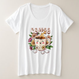 かわいいレトロかわいいコーヒーと花 プラスサイズTシャツ