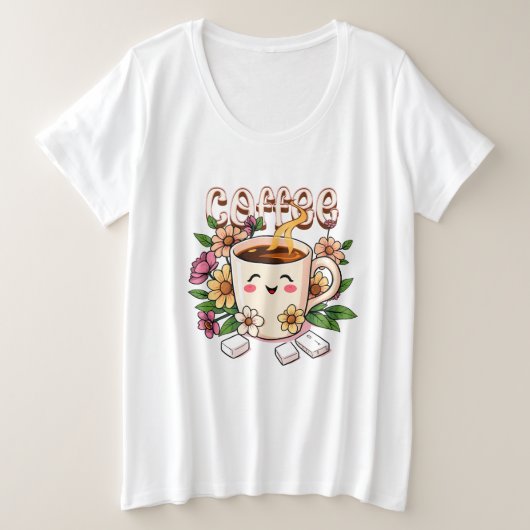 かわいいレトロかわいいコーヒーと花 プラスサイズTシャツ (デザイン正面)