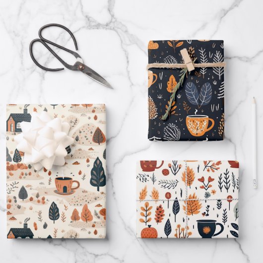 かわいいレトロなコージーな秋のパターン ラッピングペーパーシート (正面)