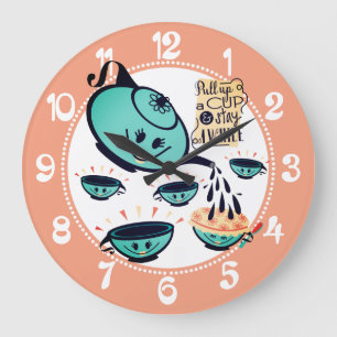 かわいいレトロなティーポット茶カップシャワーキッチン ラージ壁時計