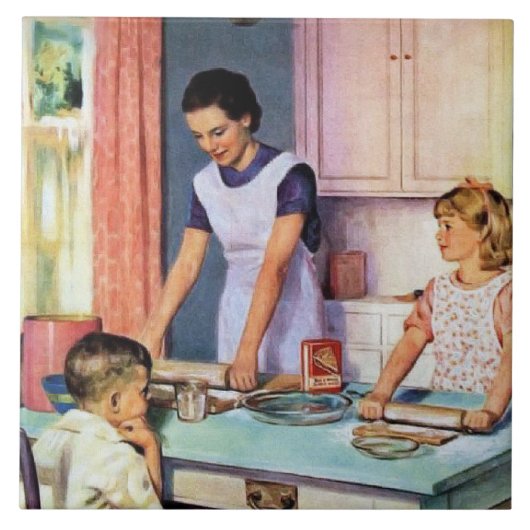 かわいいレトロなビンテージのパン作りの女性 タイル (正面)