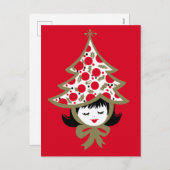 かわいいレトロなビンテージクリスマスの女の子とツリーハット シーズンポストカード (正面/裏面)