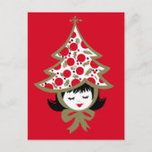 かわいいレトロなビンテージクリスマスの女の子とツリーハット シーズンポストカード (正面)