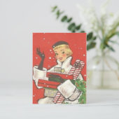 かわいいレトロなビンテージクリスマスホリデーショッピングの女性 シーズンポストカード (スタンド正面)