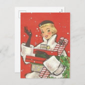 かわいいレトロなビンテージクリスマスホリデーショッピングの女性 シーズンポストカード (正面/裏面)