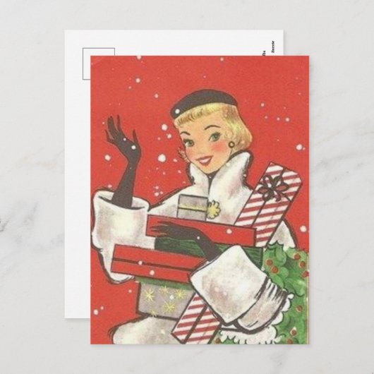 かわいいレトロなビンテージクリスマスホリデーショッピングの女性 シーズンポストカード (正面/裏面)
