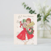 かわいいレトロなビンテージクリスマスホリデーショッピングの女性 シーズンポストカード (スタンド正面)
