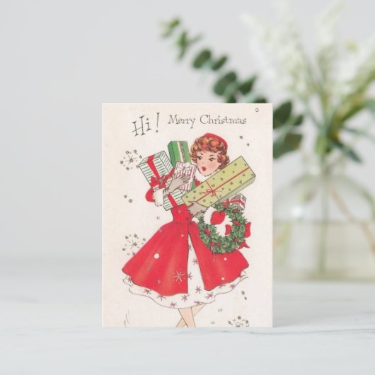 かわいいレトロなビンテージクリスマスホリデーショッピングの女性 シーズンポストカード (スタンド正面)