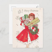 かわいいレトロなビンテージクリスマスホリデーショッピングの女性 シーズンポストカード (正面/裏面)