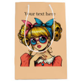 かわいいレトロなレディーアド文字 ミディアムペーパーバッグ (正面)