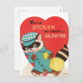 かわいいレトロなヴィンテージアライグマ盗まれたハートバレンタイン シーズンポストカード (正面/裏面)