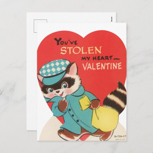 かわいいレトロなヴィンテージアライグマ盗まれたハートバレンタイン シーズンポストカード (正面/裏面)