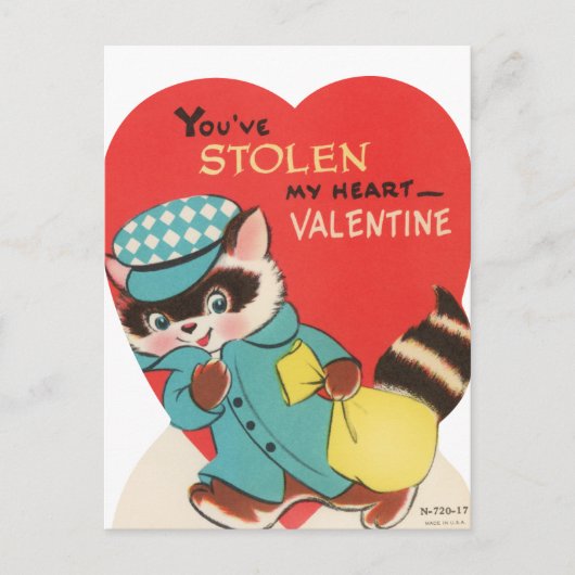 かわいいレトロなヴィンテージアライグマ盗まれたハートバレンタイン シーズンポストカード (正面)