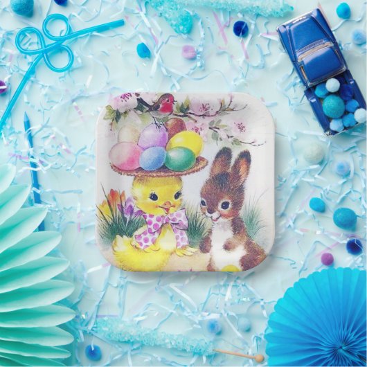 かわいいレトロなヴィンテージイースターのバニーヒヨパーティー ペーパープレート (パーティー)