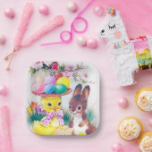 かわいいレトロなヴィンテージイースターのバニーヒヨパーティー ペーパープレート (パーティー)