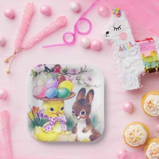 かわいいレトロなヴィンテージイースターのバニーヒヨパーティー ペーパープレート (パーティー)