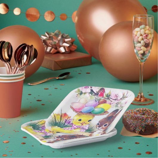 かわいいレトロなヴィンテージイースターのバニーヒヨパーティー ペーパープレート (複数)