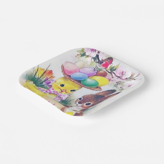 かわいいレトロなヴィンテージイースターのバニーヒヨパーティー ペーパープレート (傾斜あり)