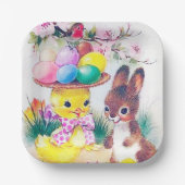 かわいいレトロなヴィンテージイースターのバニーヒヨパーティー ペーパープレート (正面)