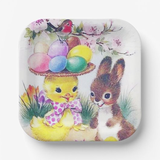 かわいいレトロなヴィンテージイースターのバニーヒヨパーティー ペーパープレート (正面)