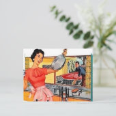 かわいいレトロなヴィンテージカップルのキッチン シーズンポストカード (スタンド正面)