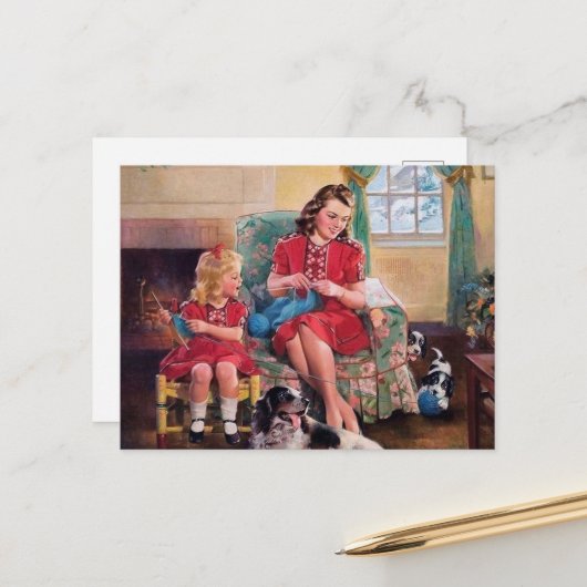 かわいいレトロなヴィンテージ編み物 ポストカード (正面/裏面インサイチュ)