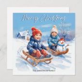かわいいレトロな水彩画の子供用スレッジ雪景色 シーズンカード (正面/裏面)