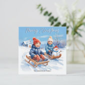 かわいいレトロな水彩画の子供用スレッジ雪景色 シーズンカード (スタンド正面)
