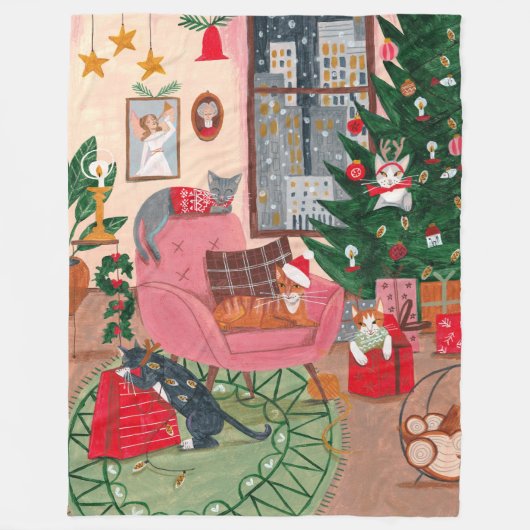 かわいいレトロな猫たちクリスマスホリデー フリースブランケット (正面)