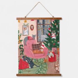 かわいいレトロな猫のクリスマスホリデー 吊り下げ型タペストリー