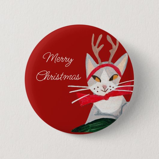 かわいいレトロな猫の赤いクリスマス 缶バッジ (正面)