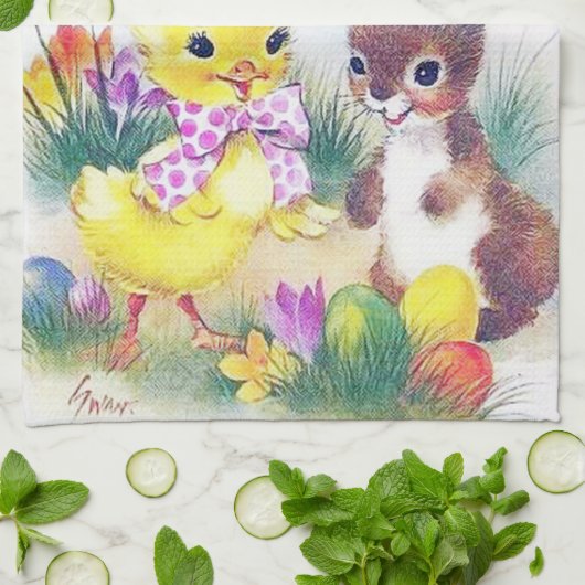 かわいいレトロのヴィンテージのイースターのウサギのひよこの休日 キッチンタオル (折り畳み)